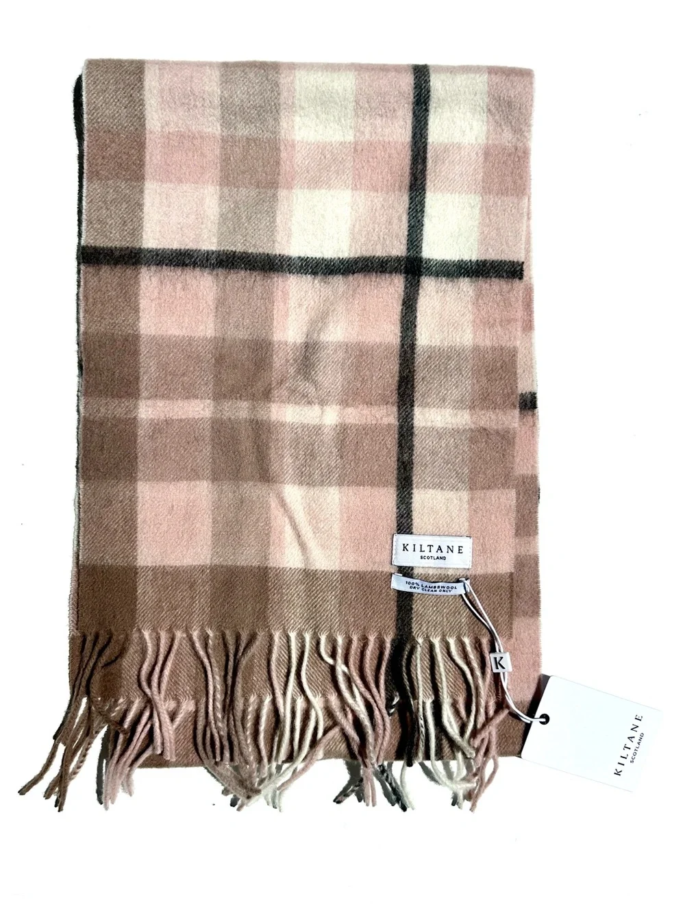 NWT Kiltane Lambswool Pink, Cream, Black & Brown Plaid Check Fringed Scarf 62x12